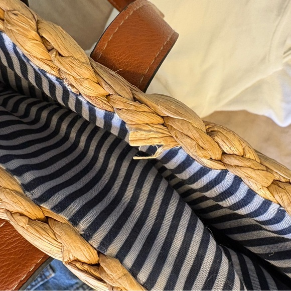 Hand Woven Straw Backpack Tote Bag Striped Liner Faux Leather Straps - Picture 10 of 10